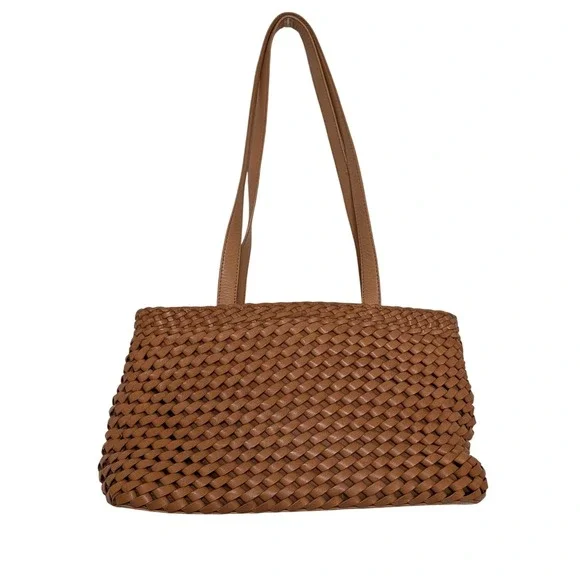 Fossil 75082 Leather Woven Basketweave Shoulder Bag Tan Camel Medium Tote - Picture 2 of 10